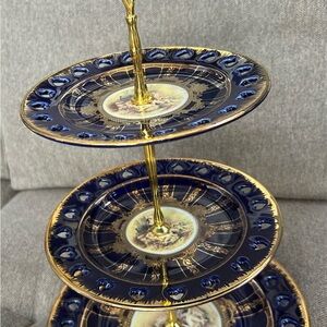 Vintage Golden Star Imports Porcelain Cobalt Blue  Victorian Scene 3tier Serving